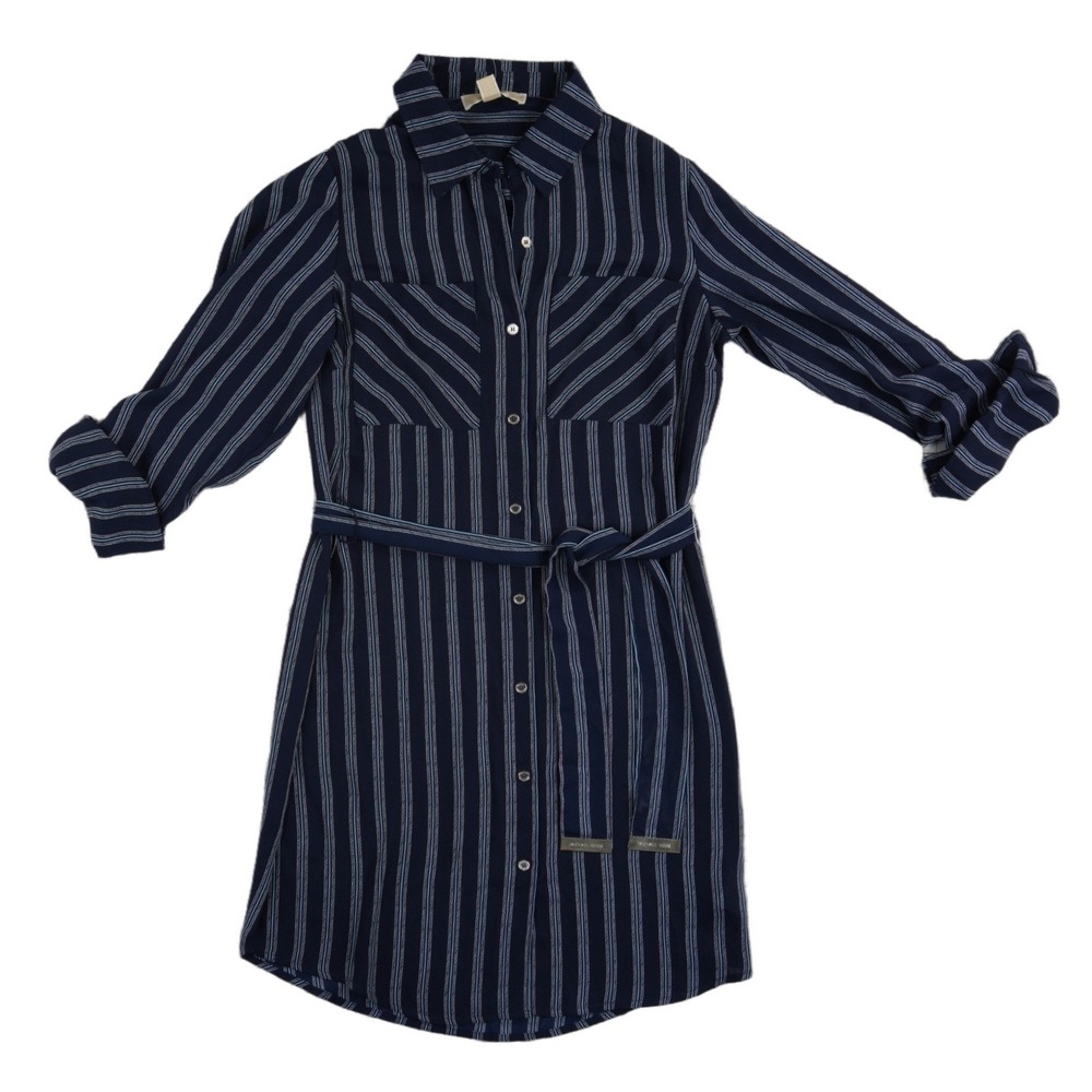 NWT Michael Michael Kors Shirt‎ Dress Women's Size 6 Navy Blue Belted Striped - Picture 2 of 9